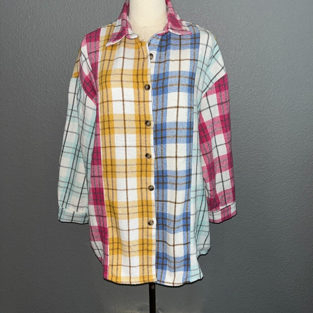 AMOLI Multi-Color Block Plaid Flannel Shirt Shacket - Oversized - Women's Small